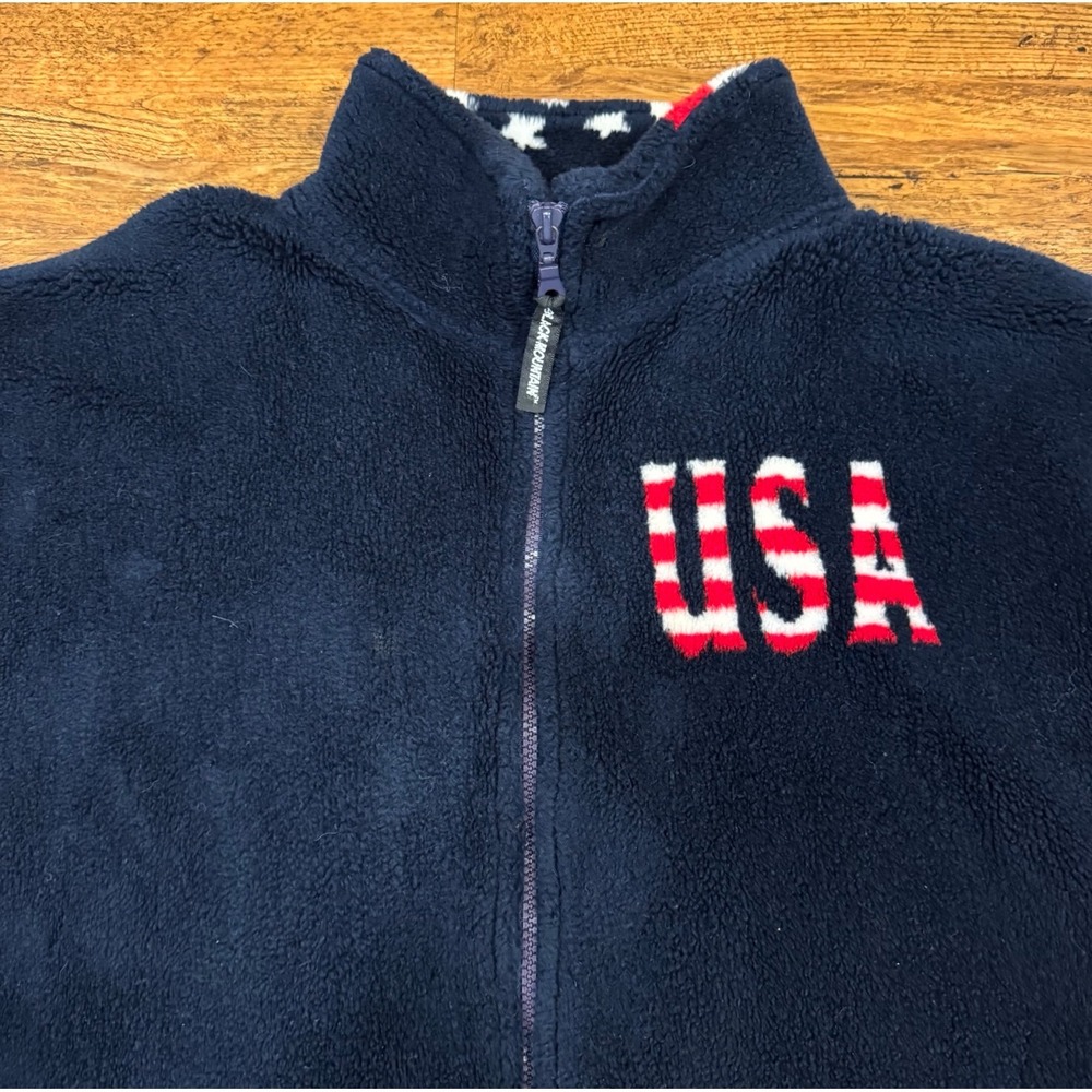 VTG Black Mountain Outdoor USA America Flag Fleece Full Zip Jacket Sweater Men L